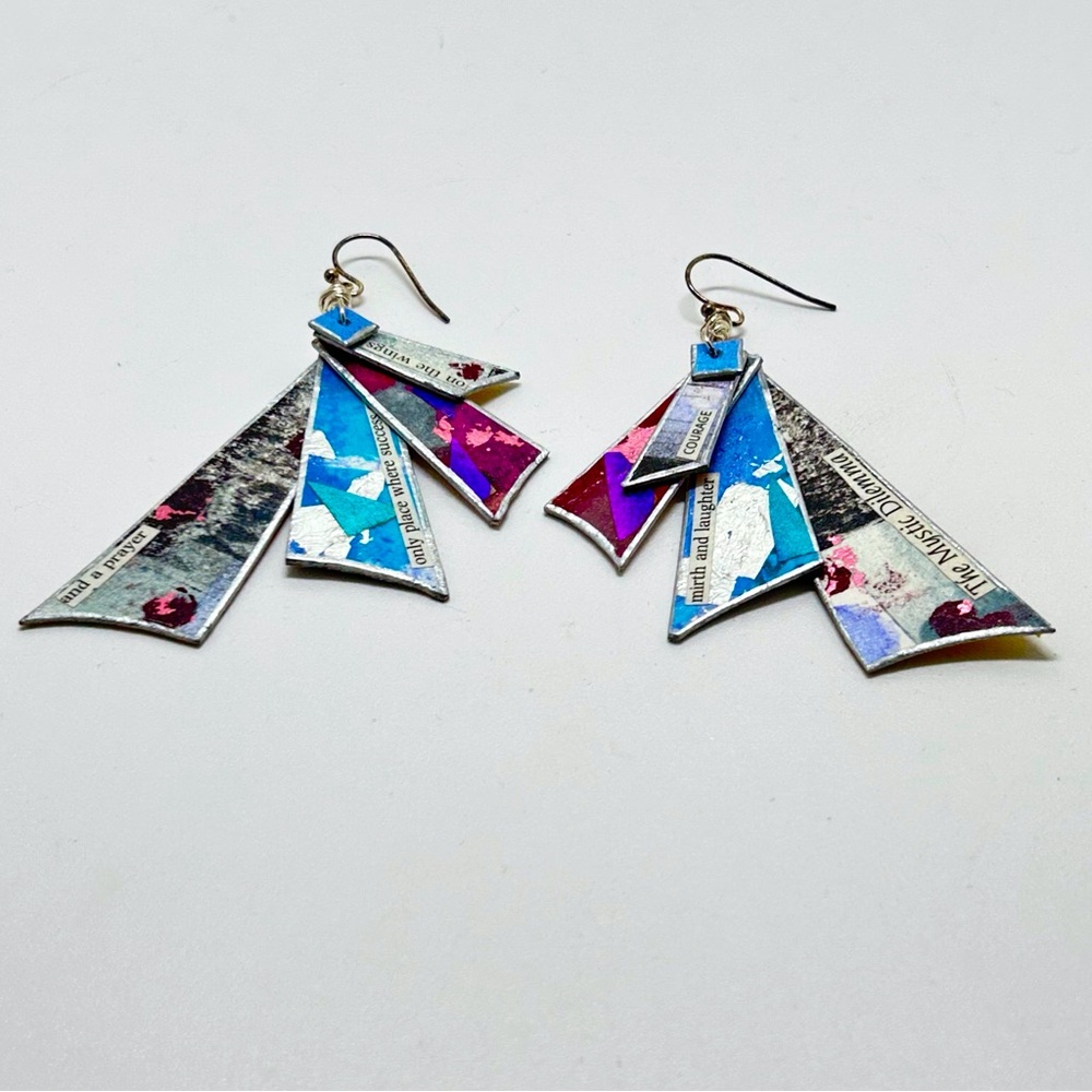 Eileen, Vintage Handmade Paper Earrings, Blue, Yellow, Orange, Purple, NIB, 80’s